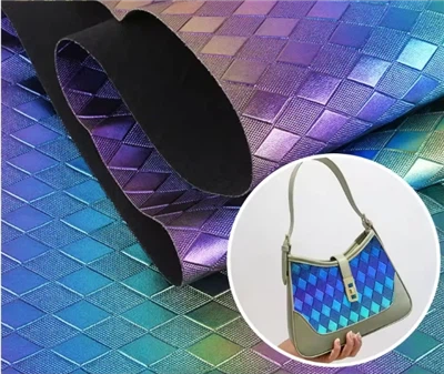 Irizáló holografikus fényes rombuszmintás PVC dombornyomott bőr